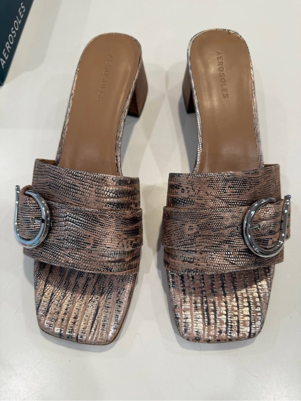 AEROSOLES EVVIE Bronze and Silver Metallic Textured Buckle Slide Block Heels
